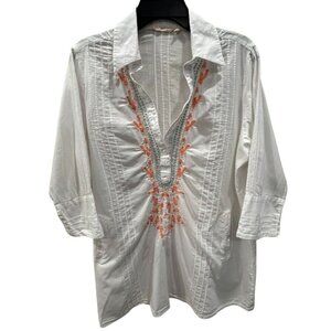 Soft Surroundings‎ Womens Embroidered Tunic Blouse PL Cotton White & Orange